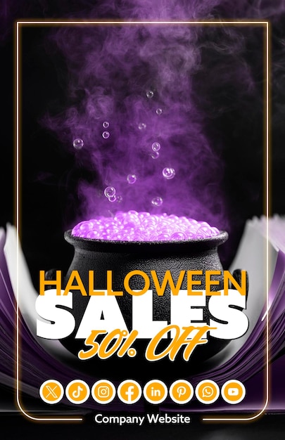 PSD a poster for halloween sale with a purple smoke