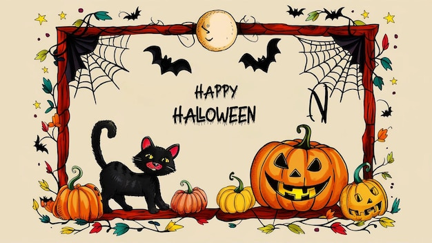 PSD a poster for halloween with a black cat and pumpkins