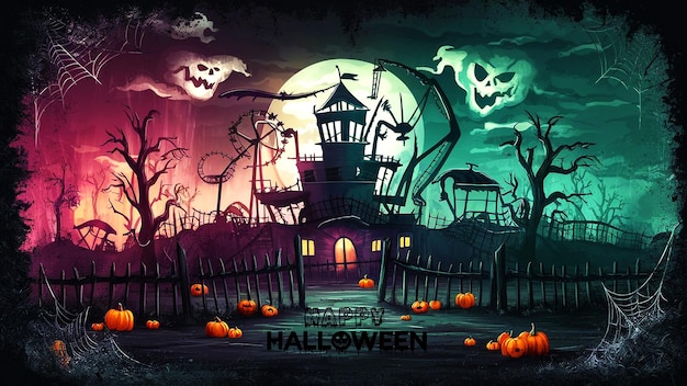 a poster for halloween with a castle on the top