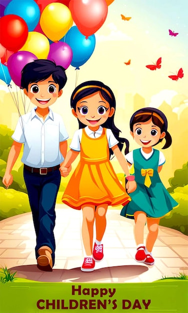 A poster for happy childrens day with balloons and the words happy childrens day