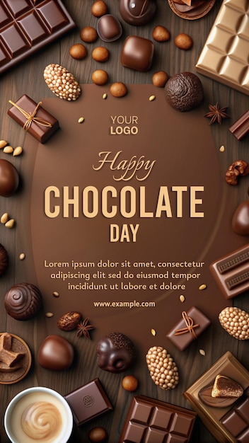 A poster for Happy Chocolate Day featuring a variety of chocolate treats