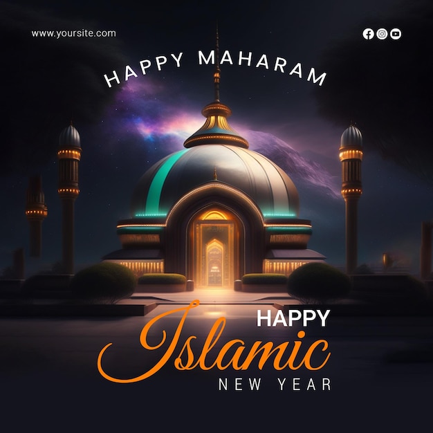 A poster for happy mahatha new year with a mosque in the background.