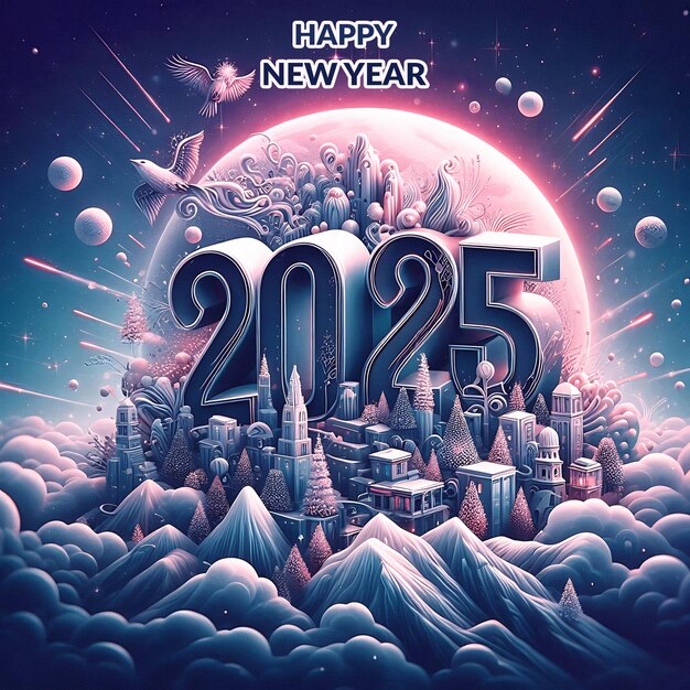 a poster for happy new year with a picture of a mountain and a bird flying in the sky