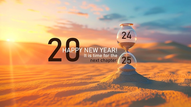 A poster of happy new year with sand watch