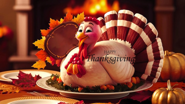 PSD a poster for happy thanksgiving day with turkey on a plate