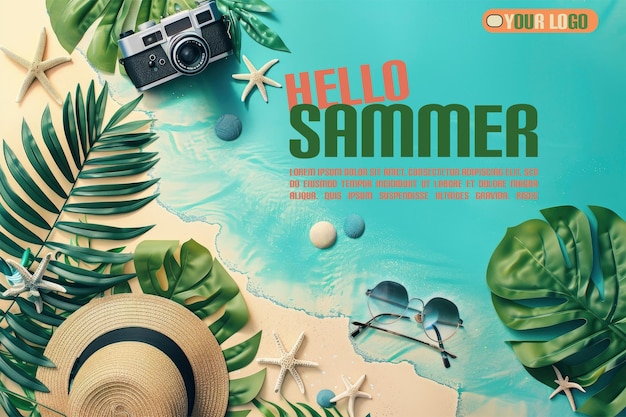 a poster for hello hello with a camera and tropical palm trees hello summer