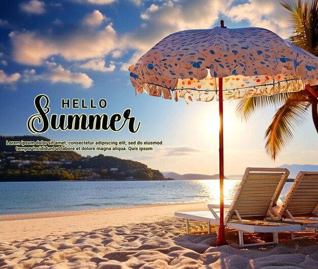 A poster for hello summer day hot sun on tropical beach generated by AI