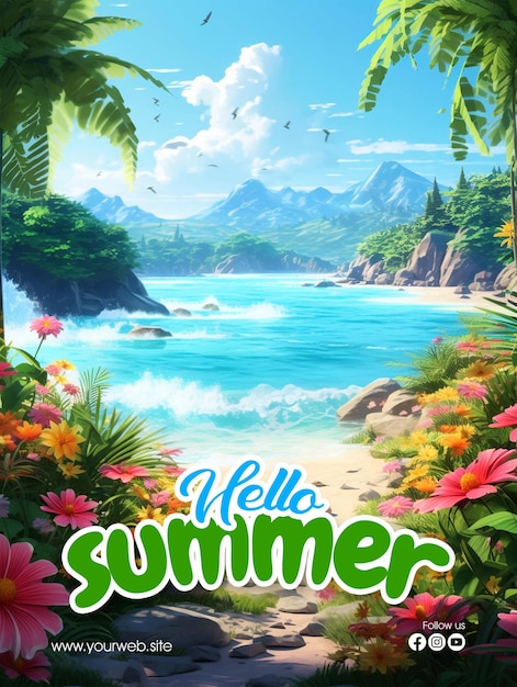 A poster for hello summer with a beach and mountains in the background