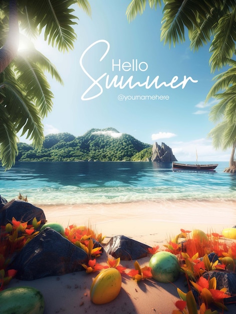 A poster for hello summer with a boat in the water.