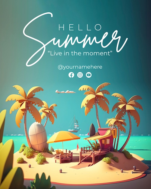 A poster for hello summer with palm trees and a beach scene