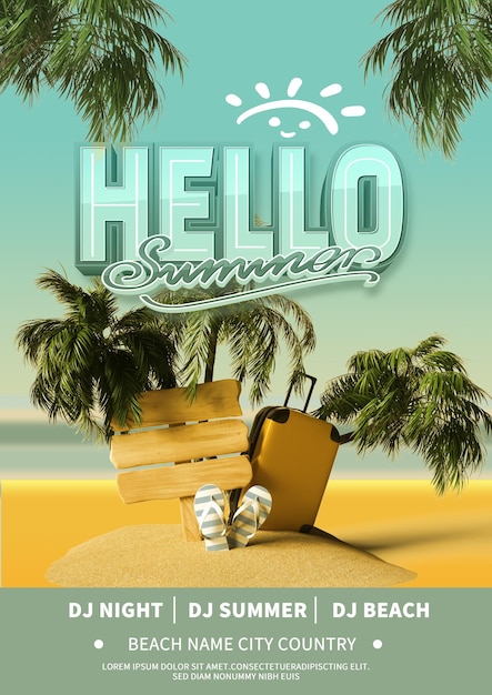 A poster for hello summer with a suitcase on the sand.