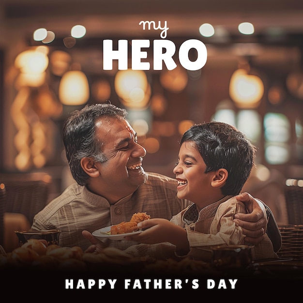 A poster of an indian dad with his son with the text my hero for fathers day