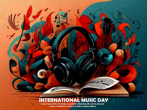 PSD a poster for international music with headphones and a book titled international music