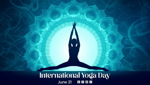 a poster for international yoga day with a blue background with a design of a woman in a yoga pose