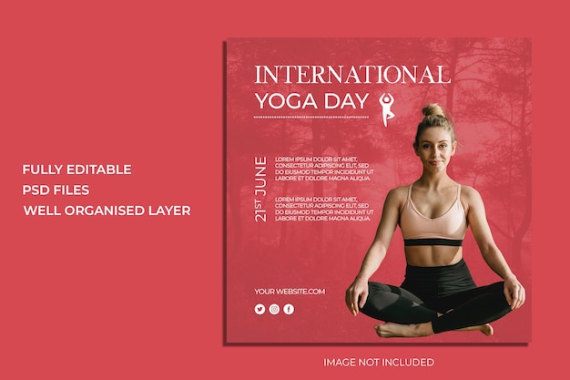 PSD a poster for international yoga day with a woman in a red background.