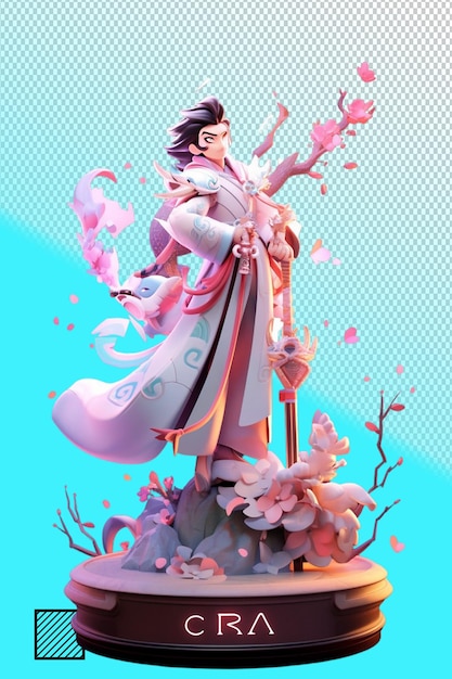 a poster for a japanese character with a sword and flowers