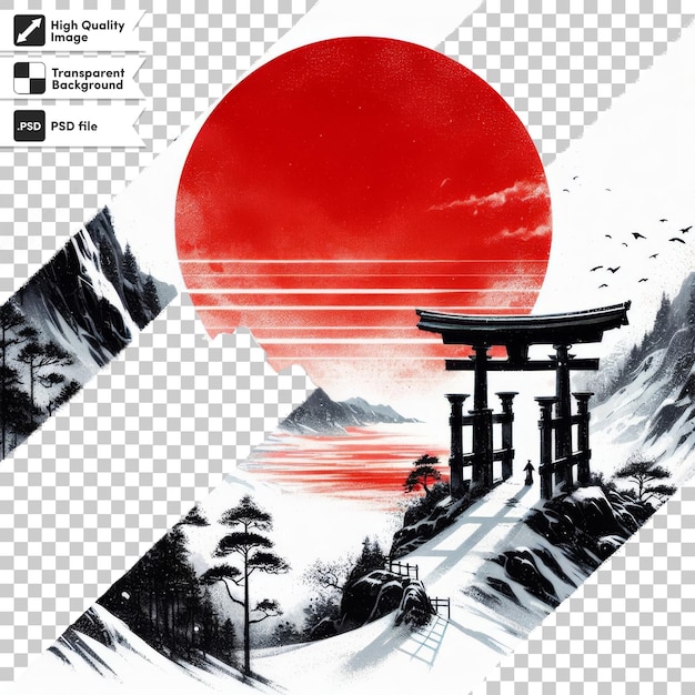 PSD a poster for a japanese shrine with a red sun in the background