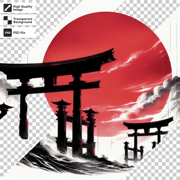 PSD a poster for a japanese temple with a red moon in the background