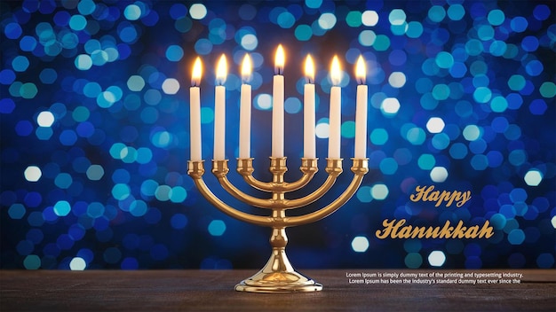 a poster of a jewish holiday with a blue menorah on it