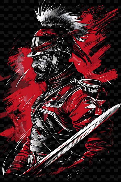 PSD a poster of a knight with a sword and a red background