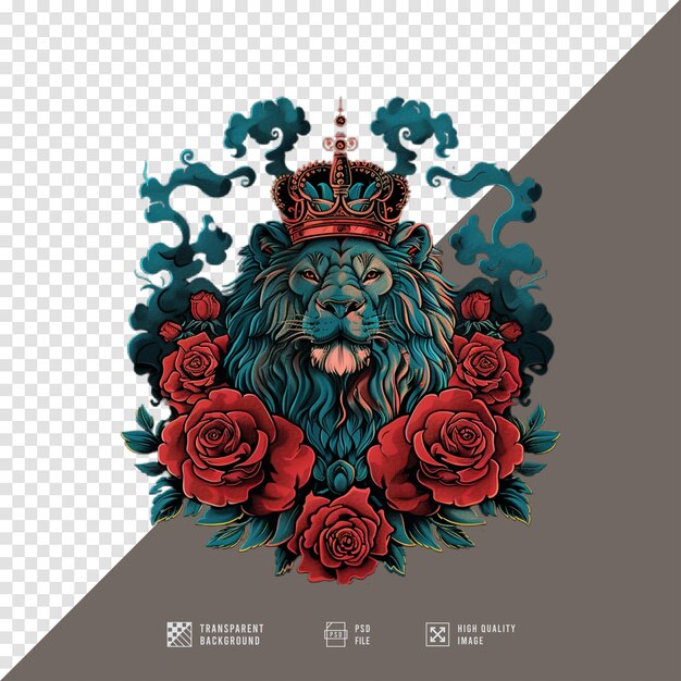 PSD a poster for a lion with roses and a crown