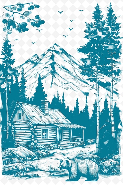 a poster for a log cabin with a cabin in the background