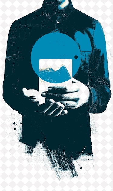 PSD a poster for a man holding a phone with a blue circle on it