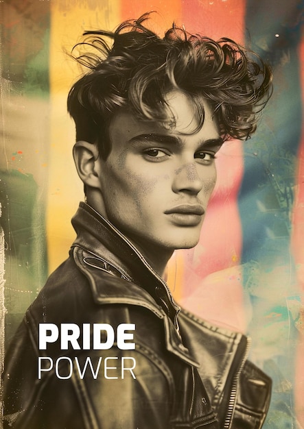 A poster of a man with long hair and the rainbow colors for pride power concept