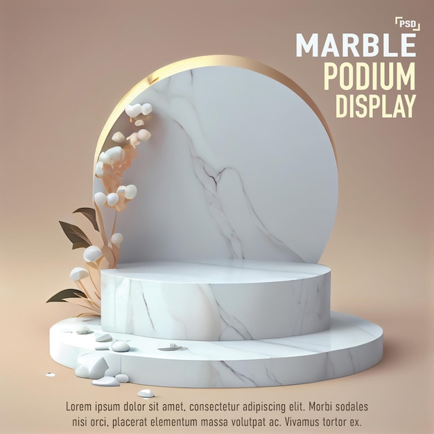 A poster for a marble podium display with flowers