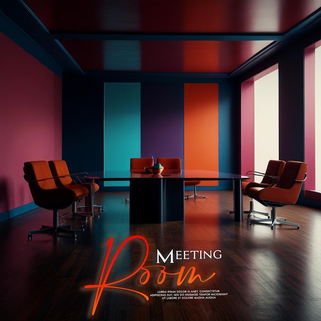 a poster for meeting in a conference room with chairs and a sign that says meeting