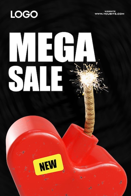 A poster for a mega sale with a yellow sticker that says new year.