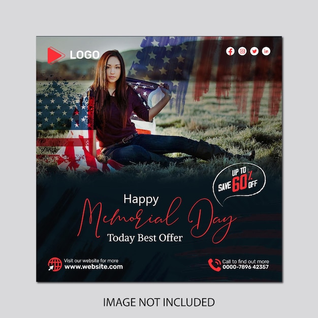 A poster for memorial day party time with a woman in a red and white flag banner design template