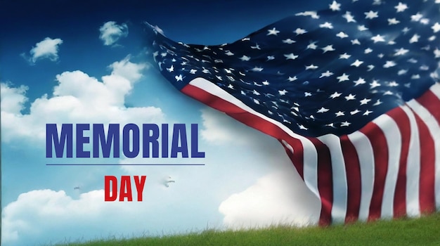 a poster for memorial day with a flag and a sky background