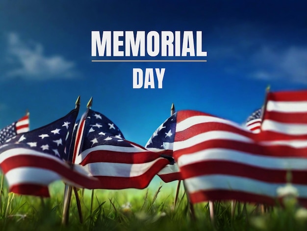 a poster for memorial day with flags and a blue sky background