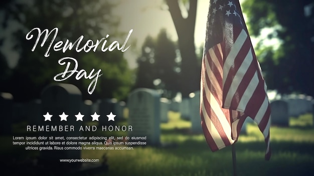 A poster for memorial day with the flags and headstones at national cemetary