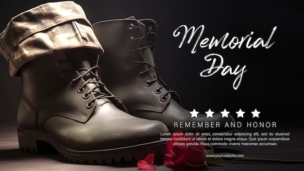 A poster for memorial day with a soldier boot and red roses