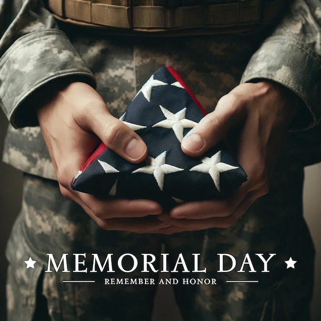 A poster for memorial day with a soldier and a flag