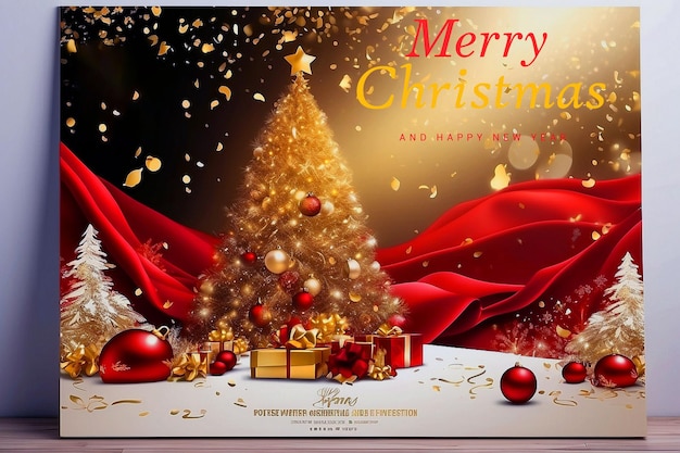 a poster for merry christmas with a christmas tree and presents