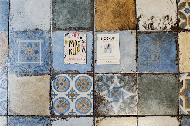 Poster mock-up design on portuguese tile patterned wall