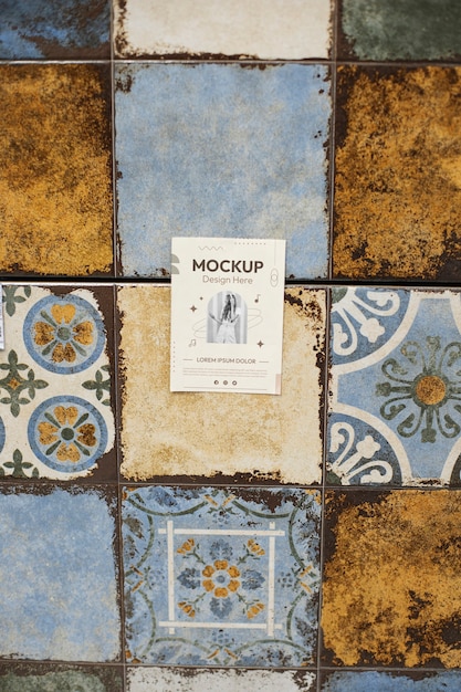 Poster mock-up design on portuguese tile patterned wall