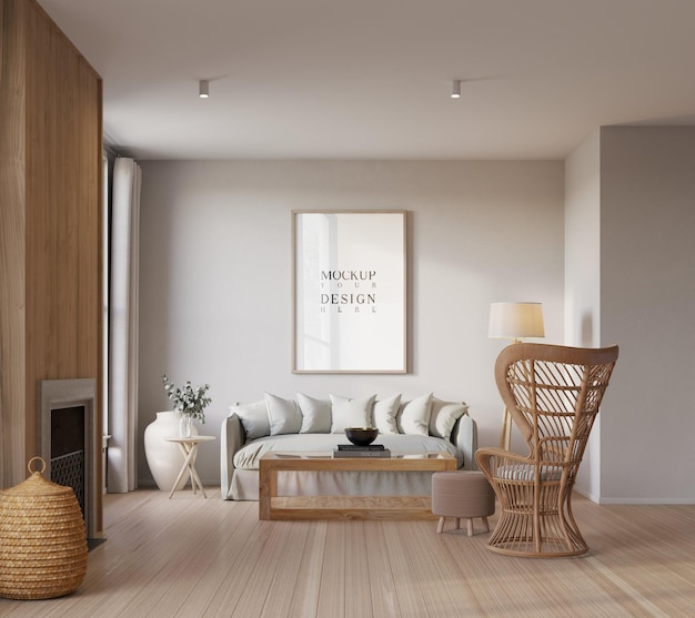 PSD poster mockup in beautiful modern scandinavian living room background 3d rendering