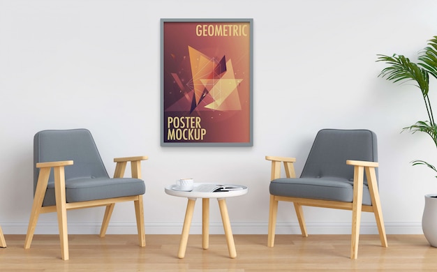 Poster Mockup hanging on interior white wall