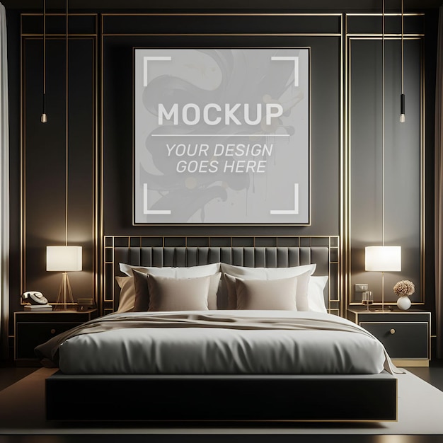 A poster mockup of a luxury modern bedroom room interior design