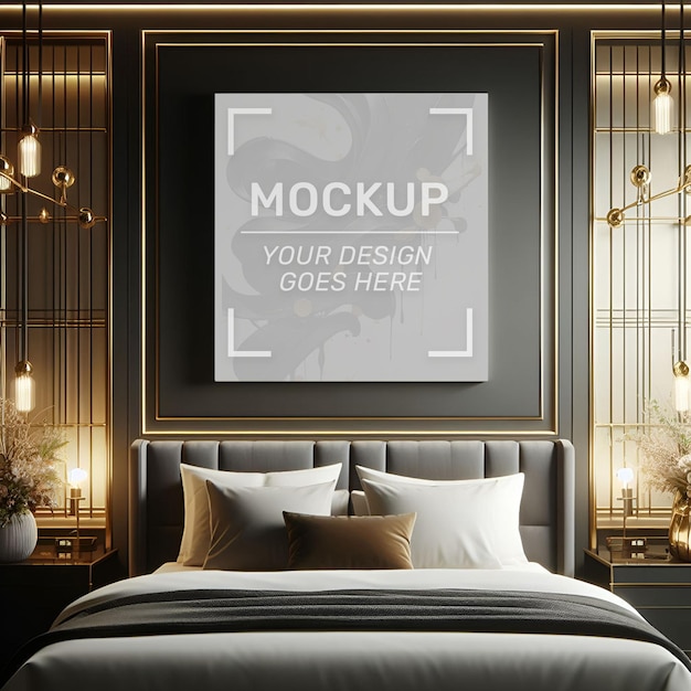 A poster mockup of a luxury modern bedroom room interior design