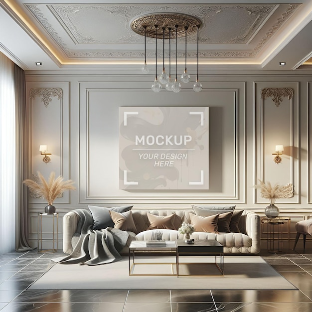 A poster mockup of a luxury modern living room interior design