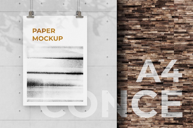 Poster Mockup Template Design Hanging On A Rope with Concrete Background PSD