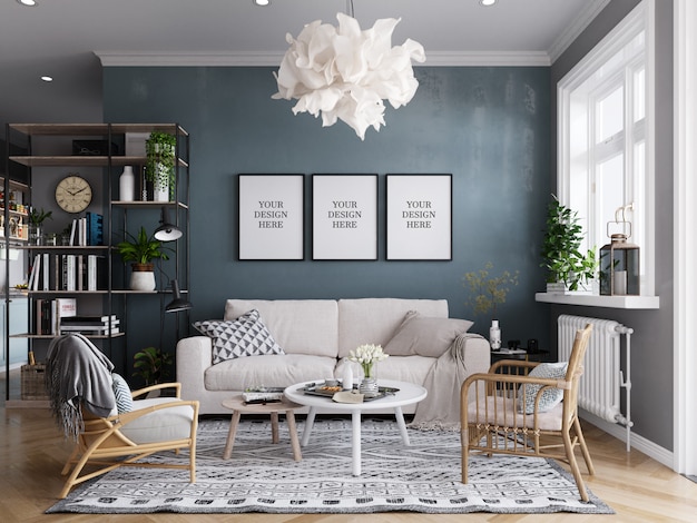 Poster Mockup & Wall Mockup Interior Scandinavian Living Room Background 