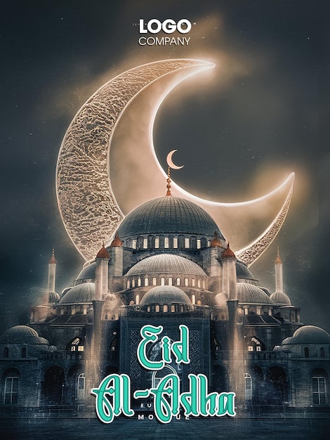 a poster for a mosque with a large moon and a mosque in the background