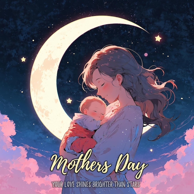 PSD a poster for a mother and baby with a moon in the background dreamy clouds