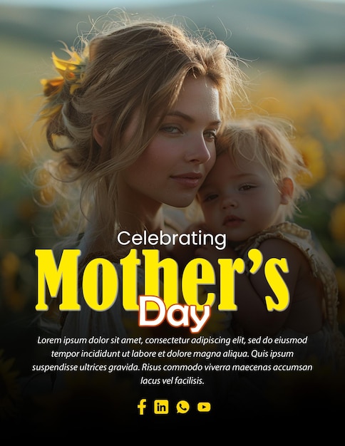 PSD a poster for a mother and child with a yellow background that says happy mother day